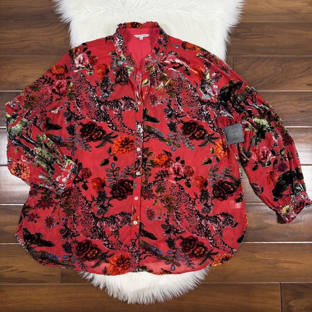John Mark Women's Size 1X Red Floral Tiger Velvet Burn Out Button Tunic Top